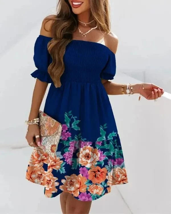 Summer Fashion Off Shoulder Short Sleeve Midi Dress Elegant Women's Printing Casual Backless Floral Beach Women's Dresses