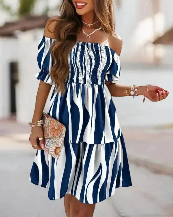 Summer Fashion Off Shoulder Short Sleeve Midi Dress Elegant Women's Printing Casual Backless Floral Beach Women's Dresses