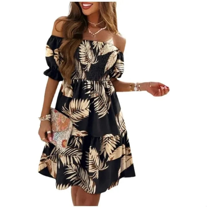 Summer Fashion Off Shoulder Short Sleeve Midi Dress Elegant Women's Printing Casual Backless Floral Beach Women's Dresses
