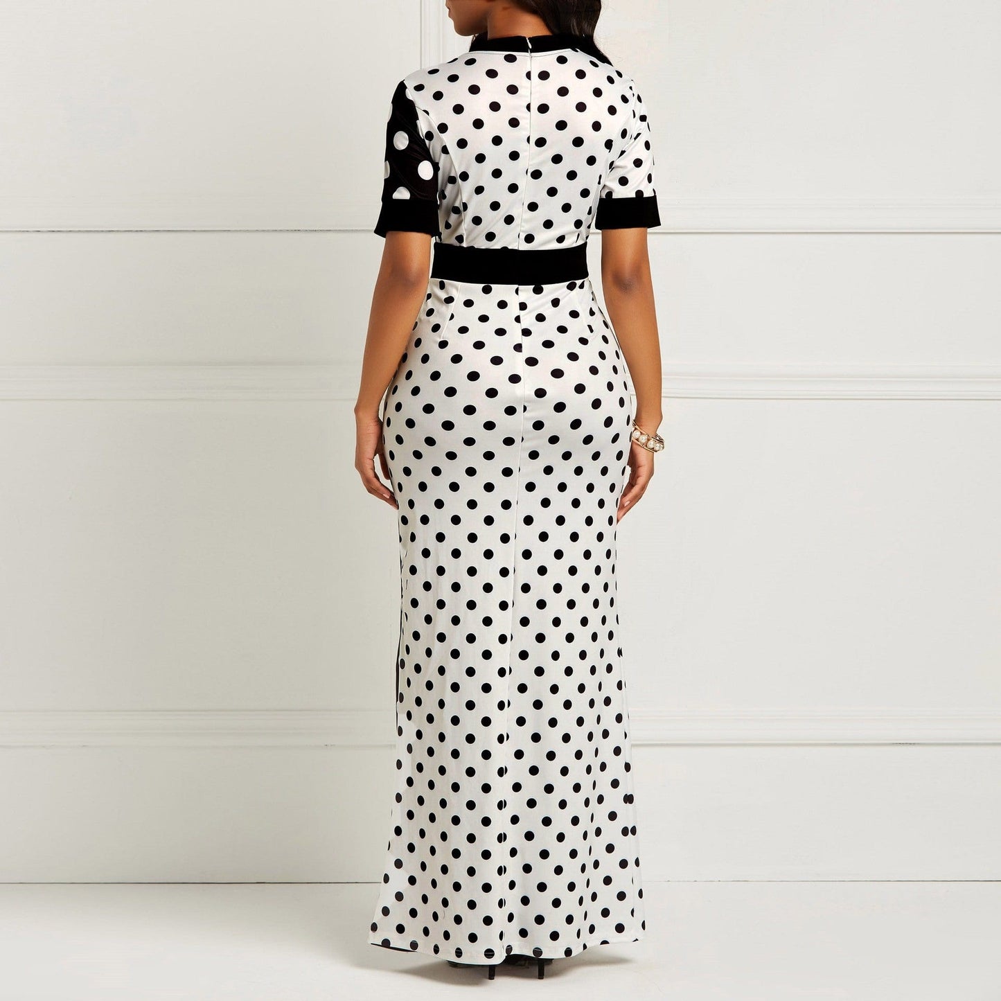 Summer Front Split Chiffon Maxi Shirt Slim Polka Dot Lady Casual Dress