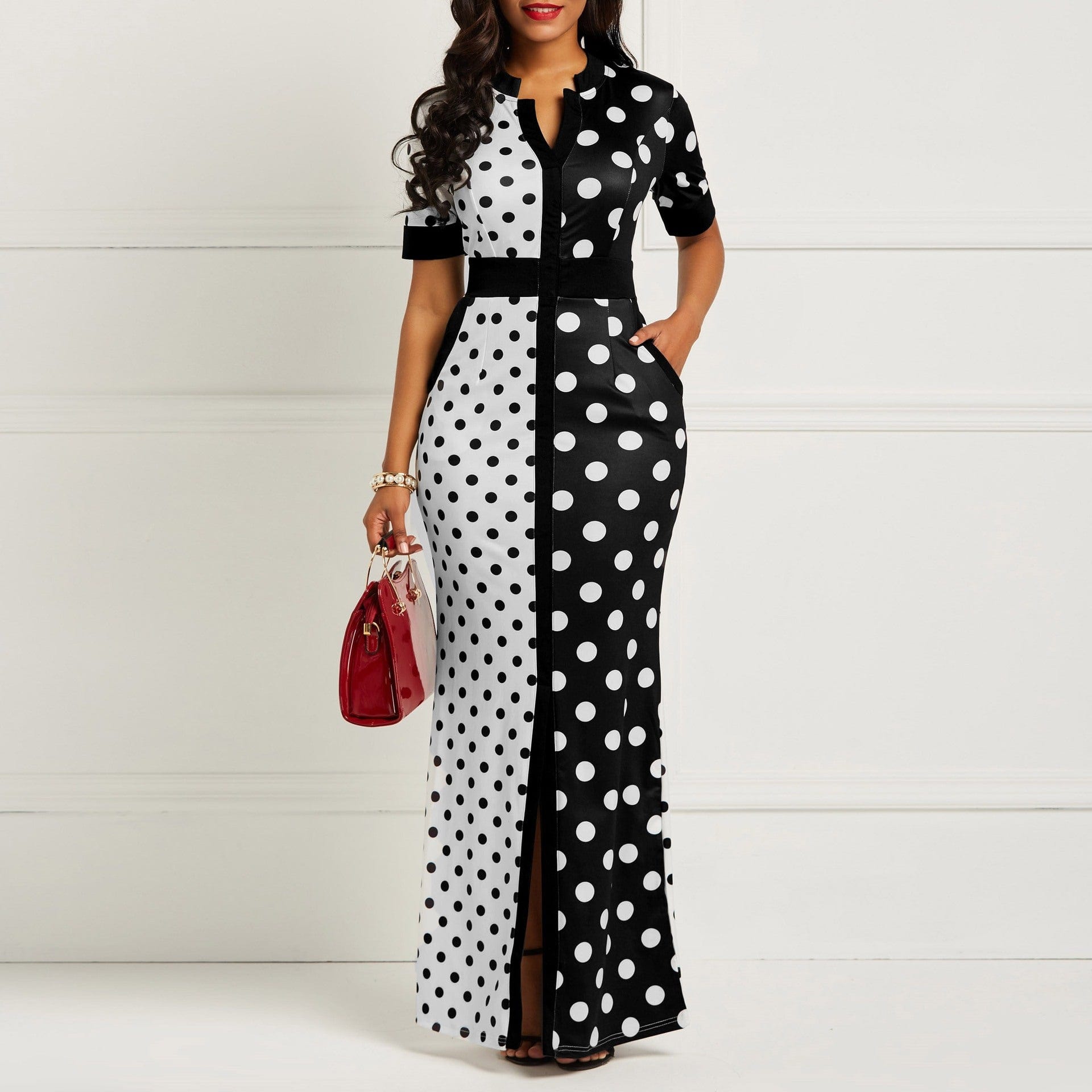 Summer Front Split Chiffon Maxi Shirt Slim Polka Dot Lady Casual Dress