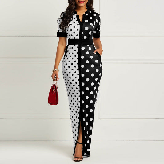 Summer Front Split Chiffon Maxi Shirt Slim Polka Dot Lady Casual Dress