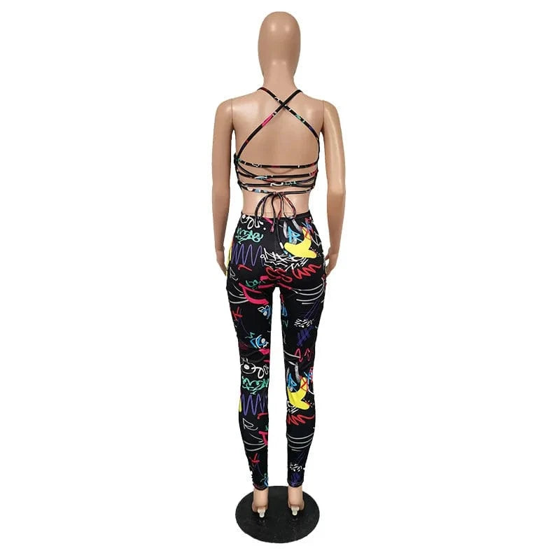 Summer Graffiti Halter Backless Lace Up Ladies Sleeveless Sexy Club Wear Bodycon Rompers Womens One Piece Jumpsuit Pants