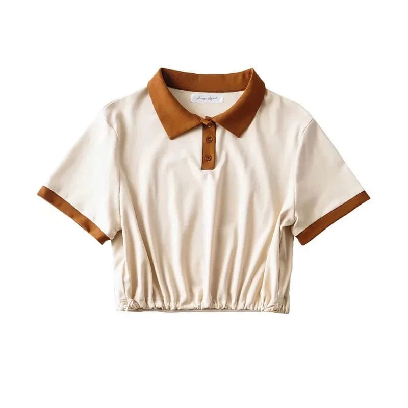 Summer Hot Girl Contrast Color Basic String Bottom Crop Women Front Button Polo T-shirts