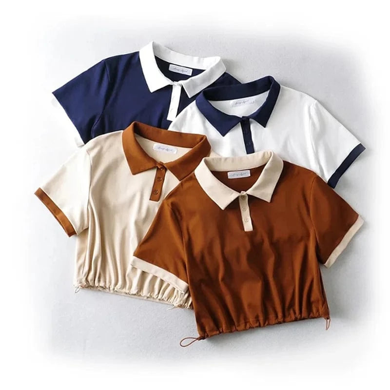 Summer Hot Girl Contrast Color Basic String Bottom Crop Women Front Button Polo T-shirts