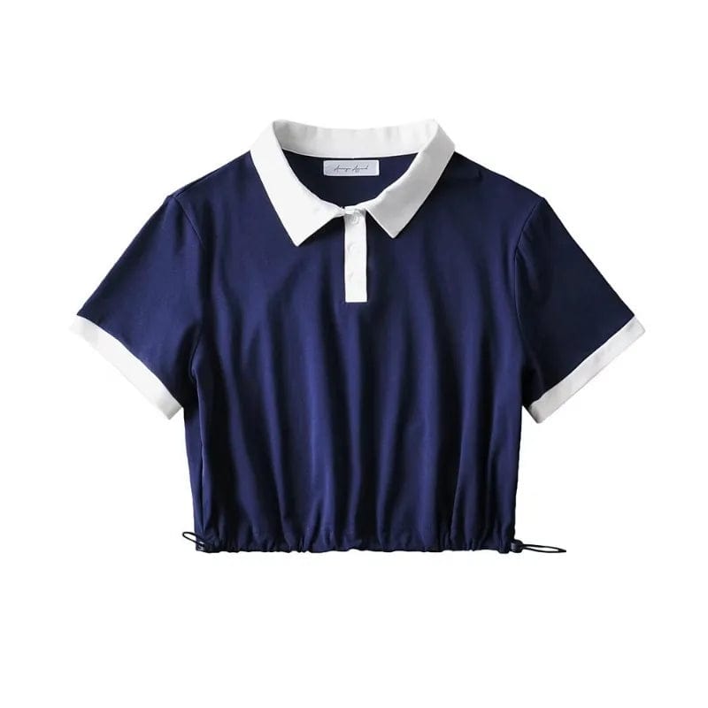 Summer Hot Girl Contrast Color Basic String Bottom Crop Women Front Button Polo T-shirts