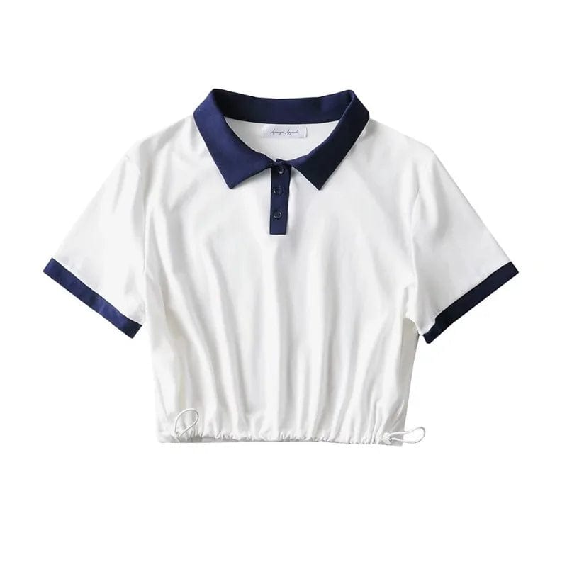 Summer Hot Girl Contrast Color Basic String Bottom Crop Women Front Button Polo T-shirts