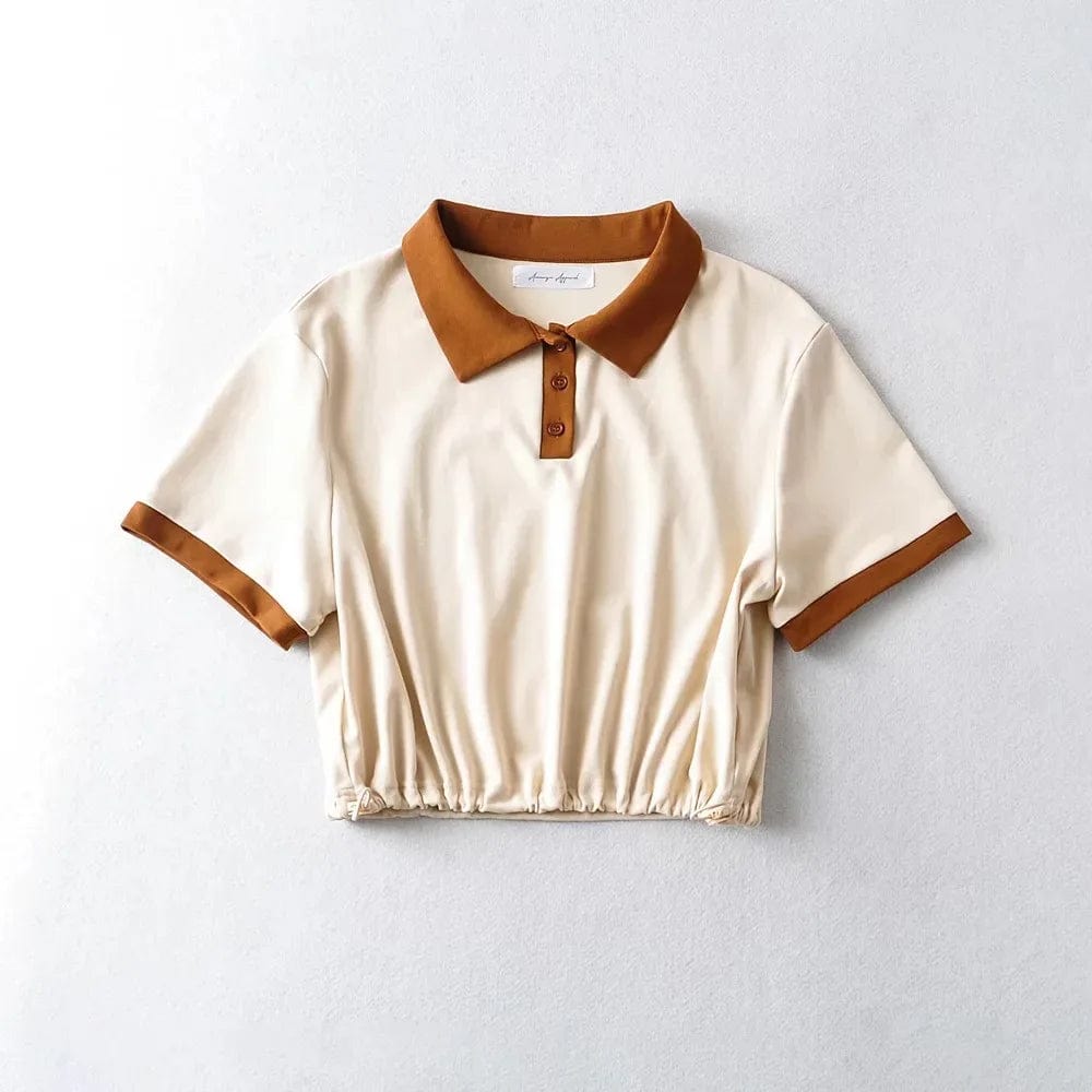 Summer Hot Girl Contrast Color Basic String Bottom Crop Women Front Button Polo T-shirts