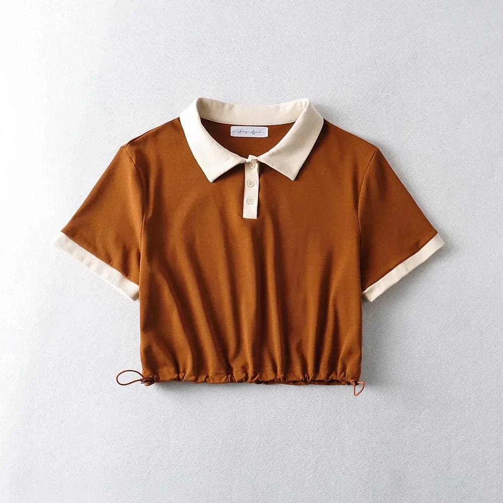 Summer Hot Girl Contrast Color Basic String Bottom Crop Women Front Button Polo T-shirts