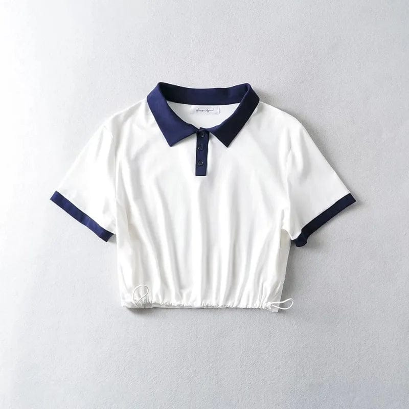 Summer Hot Girl Contrast Color Basic String Bottom Crop Women Front Button Polo T-shirts
