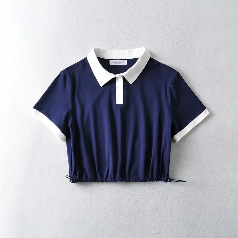 Summer Hot Girl Contrast Color Basic String Bottom Crop Women Front Button Polo T-shirts