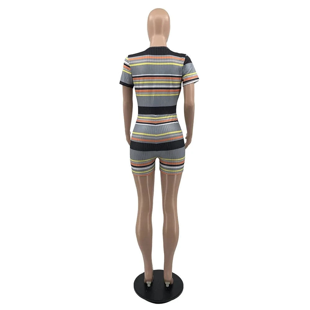 Summer Ladies Deep V Neck Bodycon Club Wear Woman Stripe One Piece Shorts Jumpsuits Sexy Playsuits