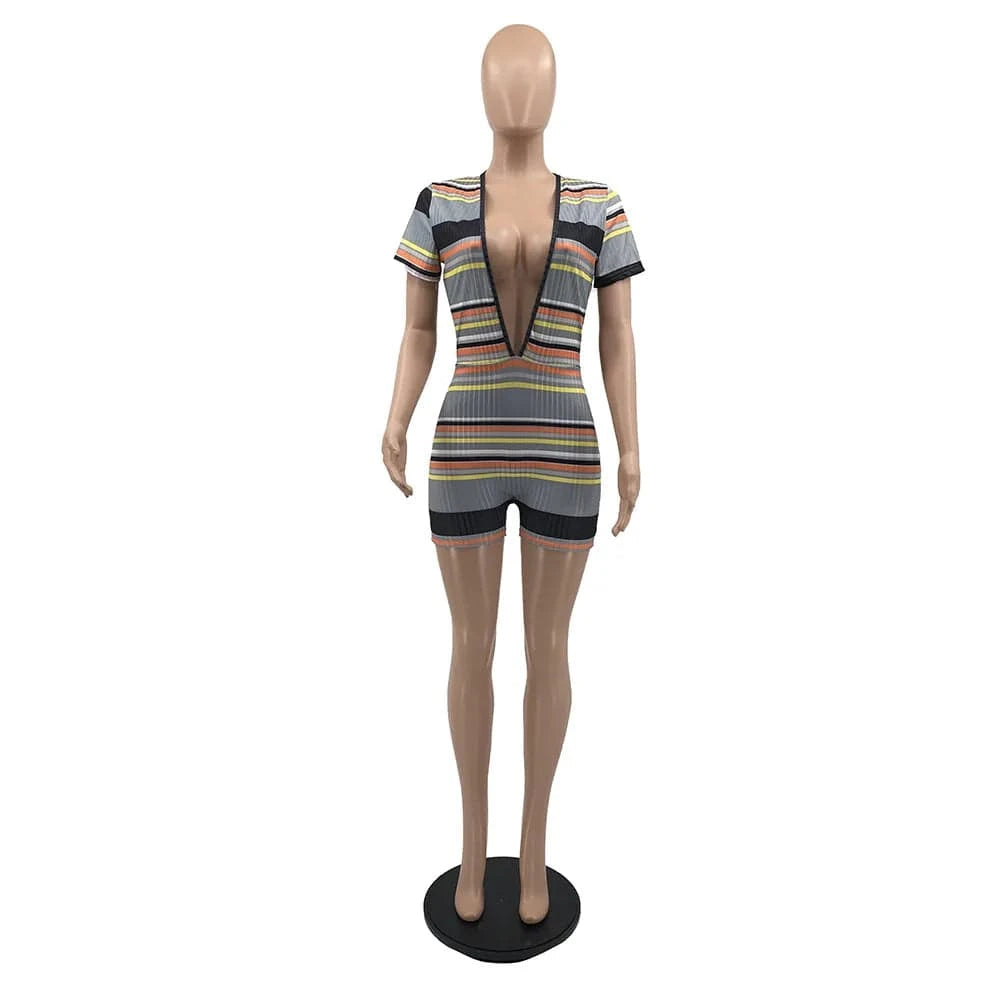 Summer Ladies Deep V Neck Bodycon Club Wear Woman Stripe One Piece Shorts Jumpsuits Sexy Playsuits