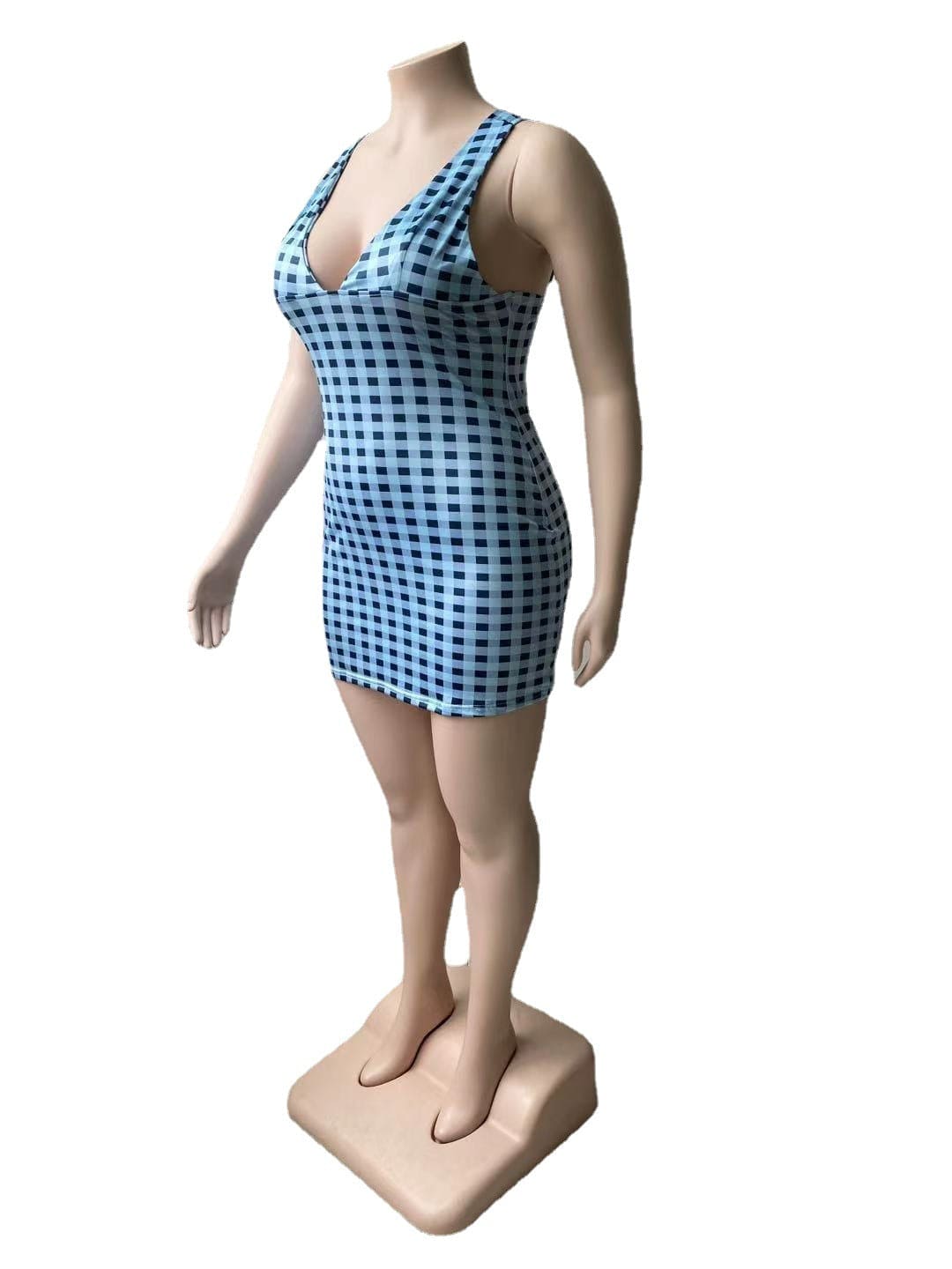 Summer Ladies V Neck Plus Size Sexy Backless Plaid Dress