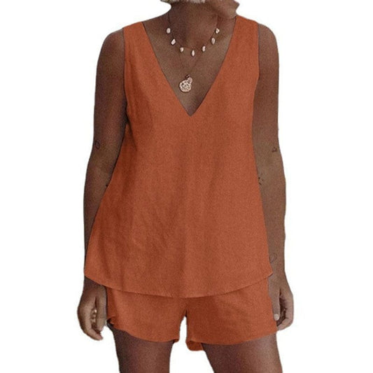 Summer linen plain simple casual set elastic waist shorts tank top two piece ladies sets plus size women's clothing