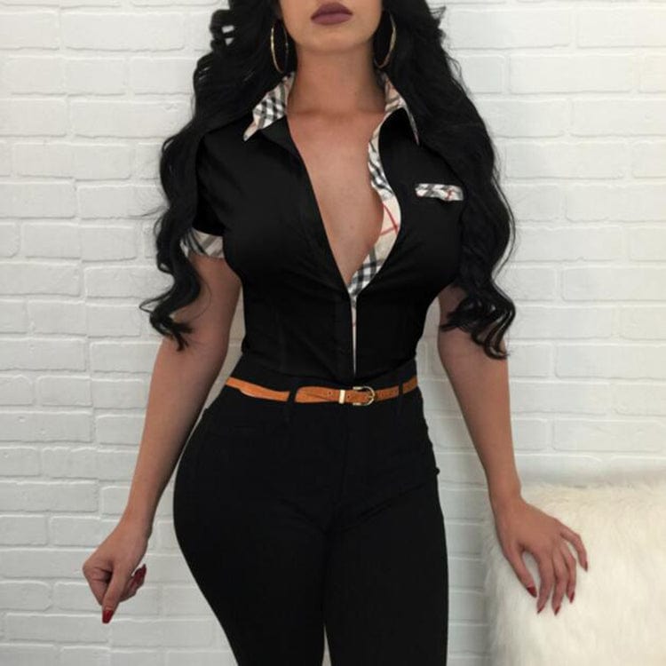 Summer Long Sleeve Womens Shirt New Lapels Office Work Ladies Elegant Outfits Blouse Sexy Plaid Shirts Female Tops