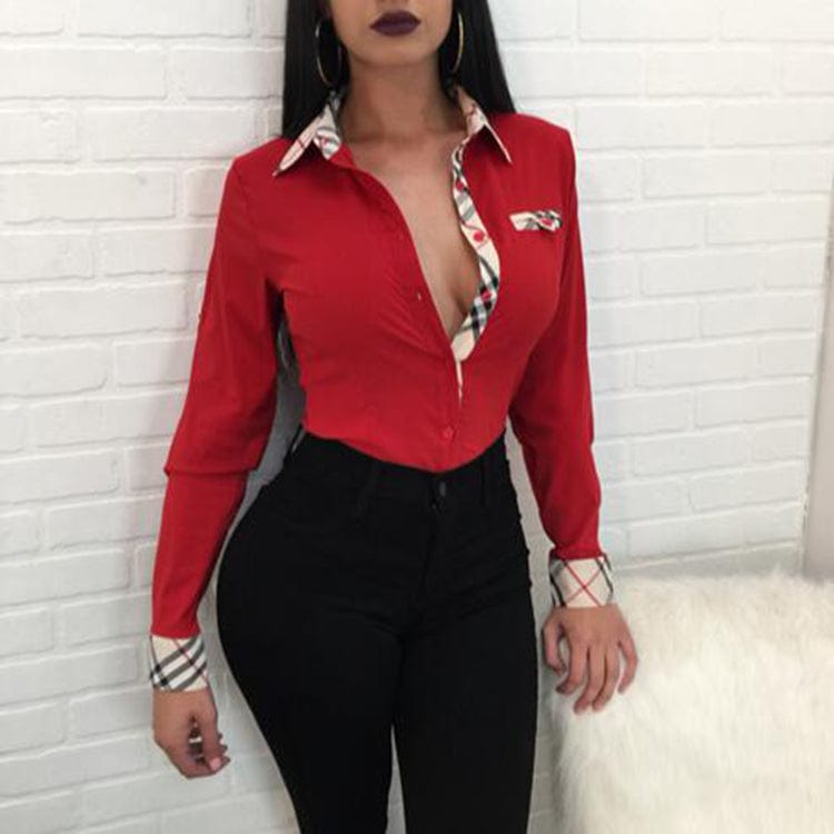 Summer Long Sleeve Womens Shirt New Lapels Office Work Ladies Elegant Outfits Blouse Sexy Plaid Shirts Female Tops