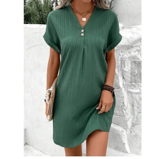 Summer Loose Casual Women's Clothing Dresses Short Sleeve V Neck Solid Color Vintage Dresses For Women's Dresses