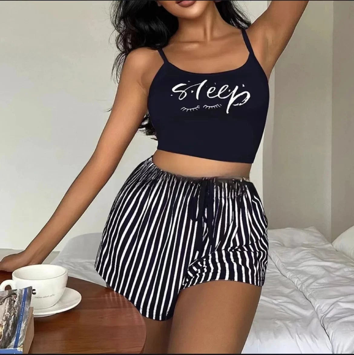 Summer loose suspender Korean version two-piece set of summer ice silk chest cushion shorts set for women's home wear