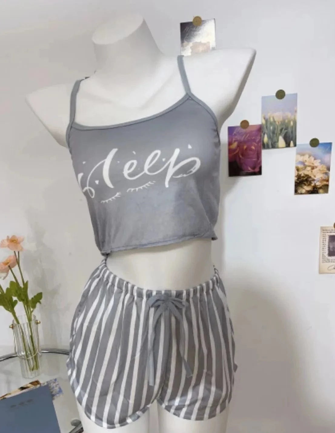 Summer loose suspender Korean version two-piece set of summer ice silk chest cushion shorts set for women's home wear