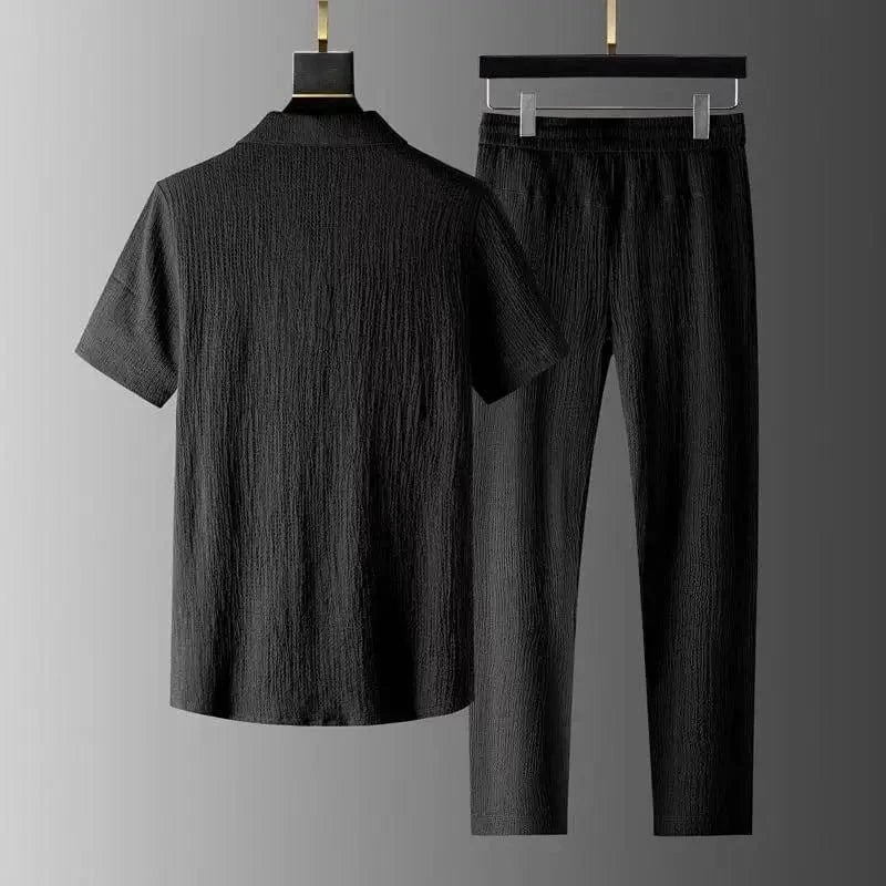 Summer Men 2 piece Suits Short Sleeve Tops + Long Pants Solid Color Polo Lapel Collar Button Elastic Waist Trousers Tracksuit