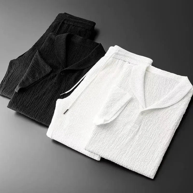 Summer Men 2 piece Suits Short Sleeve Tops + Long Pants Solid Color Polo Lapel Collar Button Elastic Waist Trousers Tracksuit