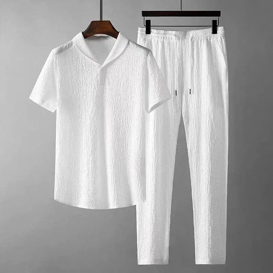 Summer Men 2 piece Suits Short Sleeve Tops + Long Pants Solid Color Polo Lapel Collar Button Elastic Waist Trousers Tracksuit