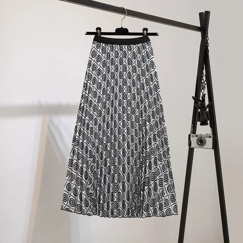 Summer Midi Skirts Women Printed Elastic High Waist A Line Swing Pleated Skirt