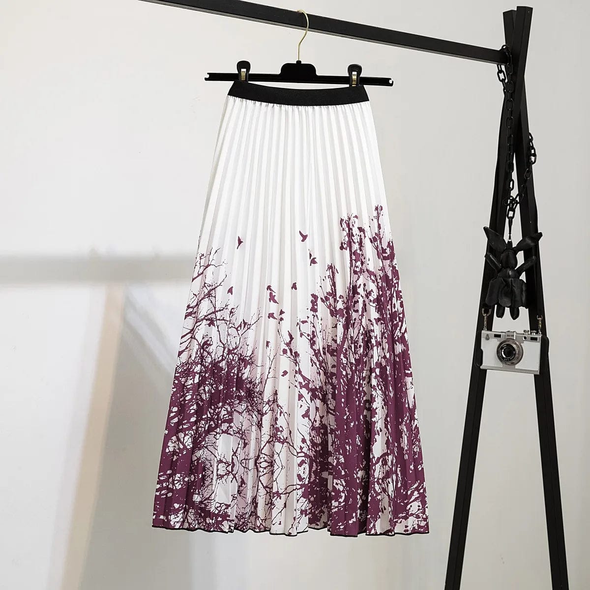 Summer Midi Skirts Women Printed Elastic High Waist A Line Swing Pleated Skirt