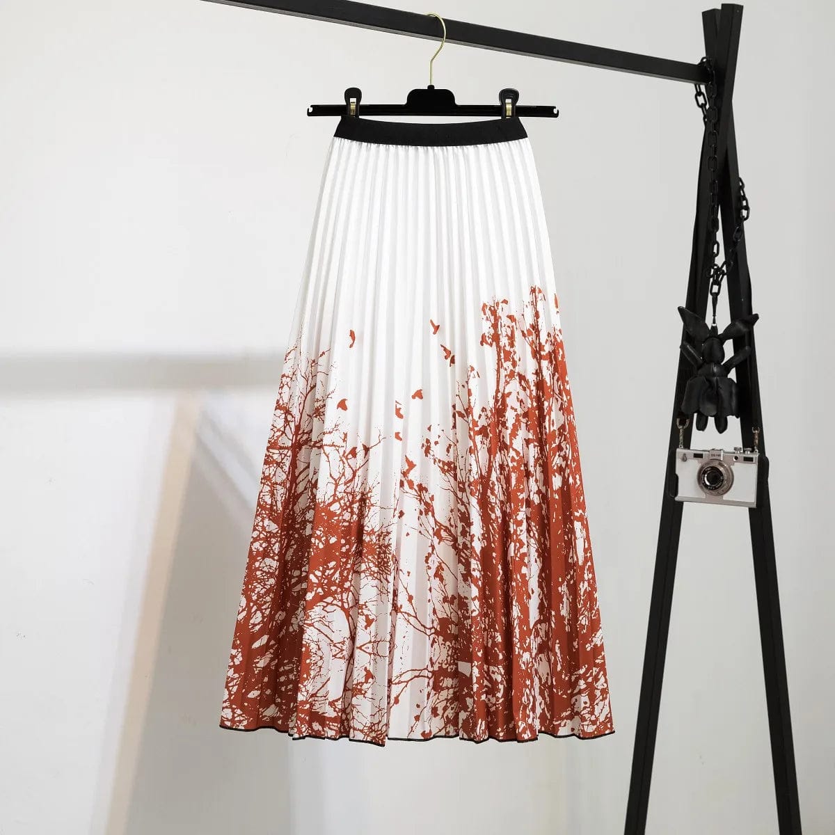 Summer Midi Skirts Women Printed Elastic High Waist A Line Swing Pleated Skirt