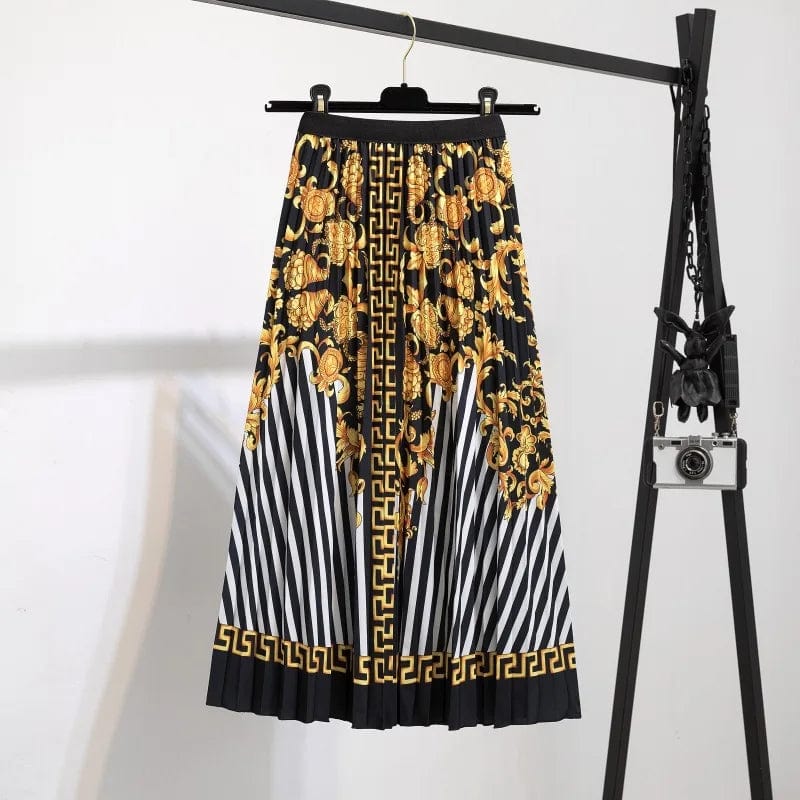 Summer Midi Skirts Women Printed Elastic High Waist A Line Swing Pleated Skirt