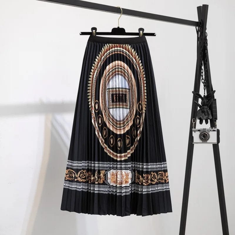Summer Midi Skirts Women Printed Elastic High Waist A Line Swing Pleated Skirt