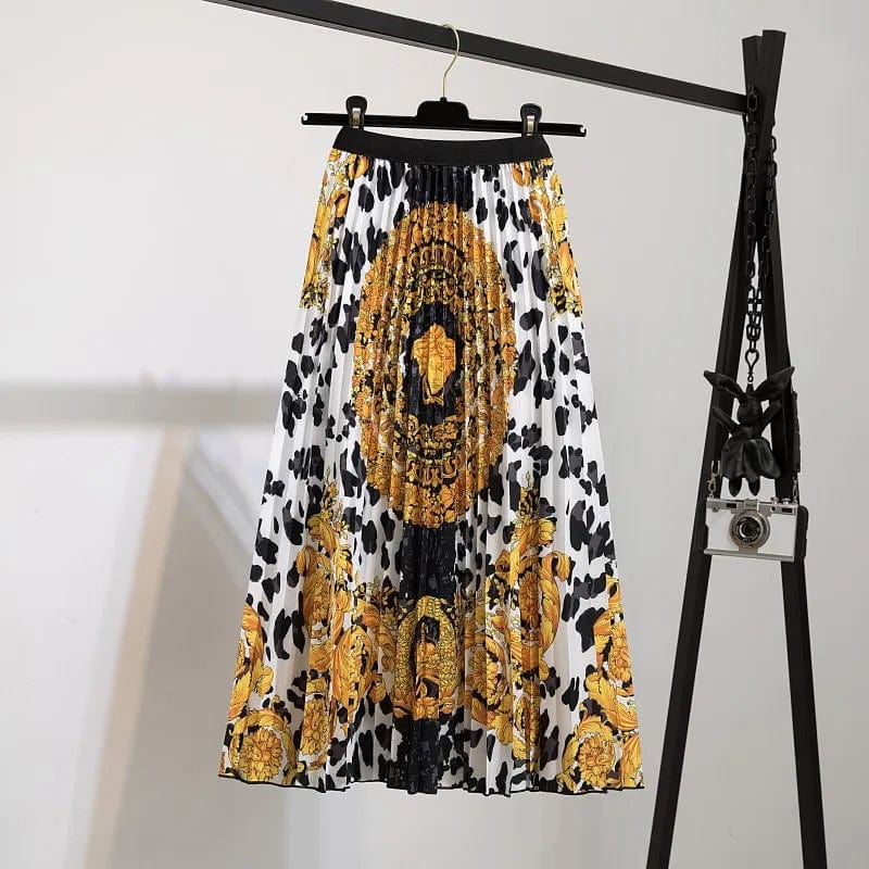 Summer Midi Skirts Women Printed Elastic High Waist A Line Swing Pleated Skirt
