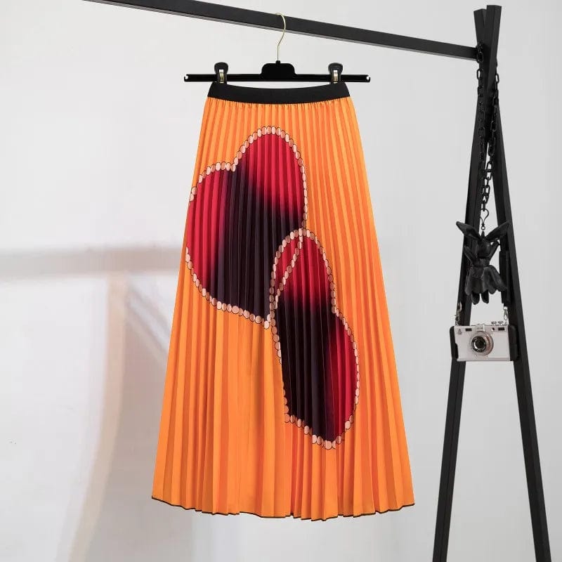 Summer Midi Skirts Women Printed Elastic High Waist A Line Swing Pleated Skirt