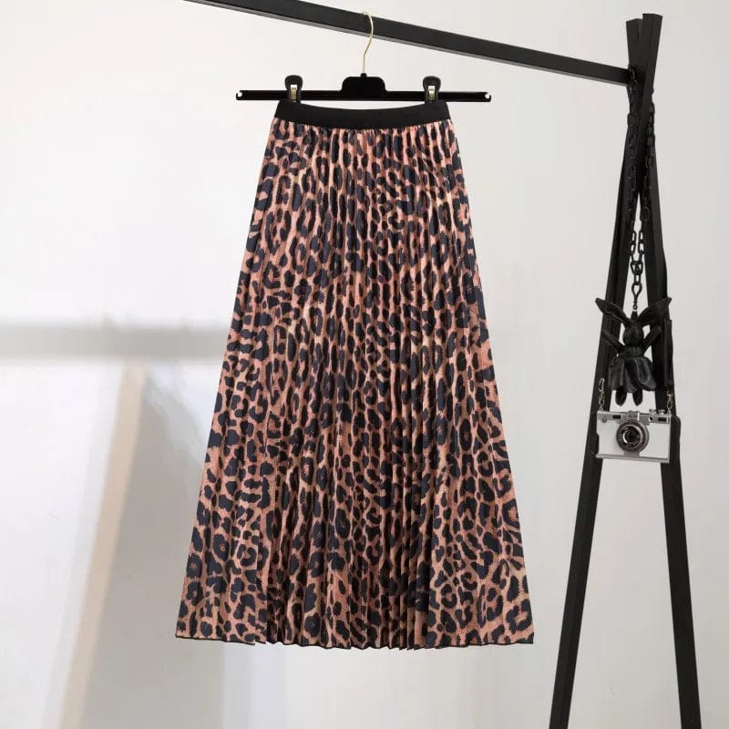 Summer Midi Skirts Women Printed Elastic High Waist A Line Swing Pleated Skirt