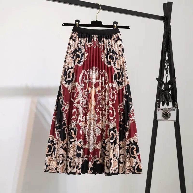 Summer Midi Skirts Women Printed Elastic High Waist A Line Swing Pleated Skirt