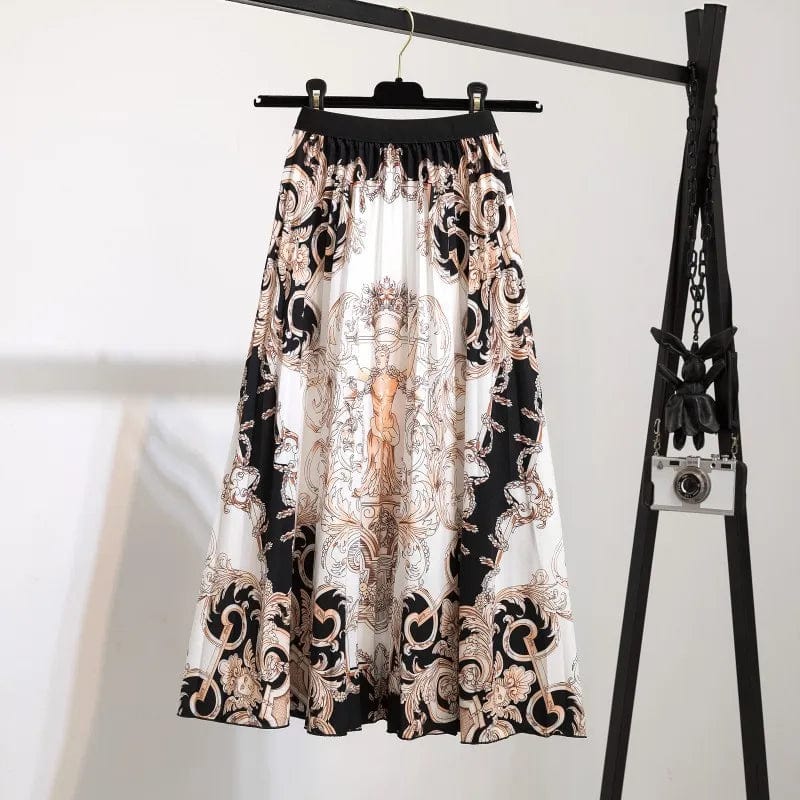 Summer Midi Skirts Women Printed Elastic High Waist A Line Swing Pleated Skirt