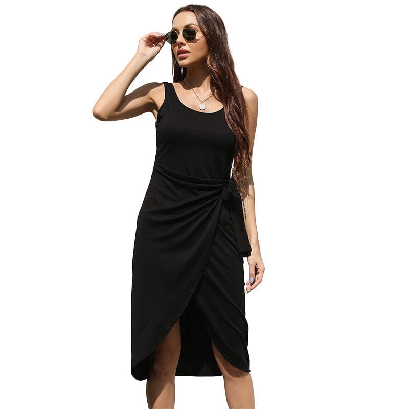 Summer New Arrival Ladies Sexy Slim Solid Color Cotton Sleeveless Irregular Women Backless Bodycon Knee Mid-long Dress