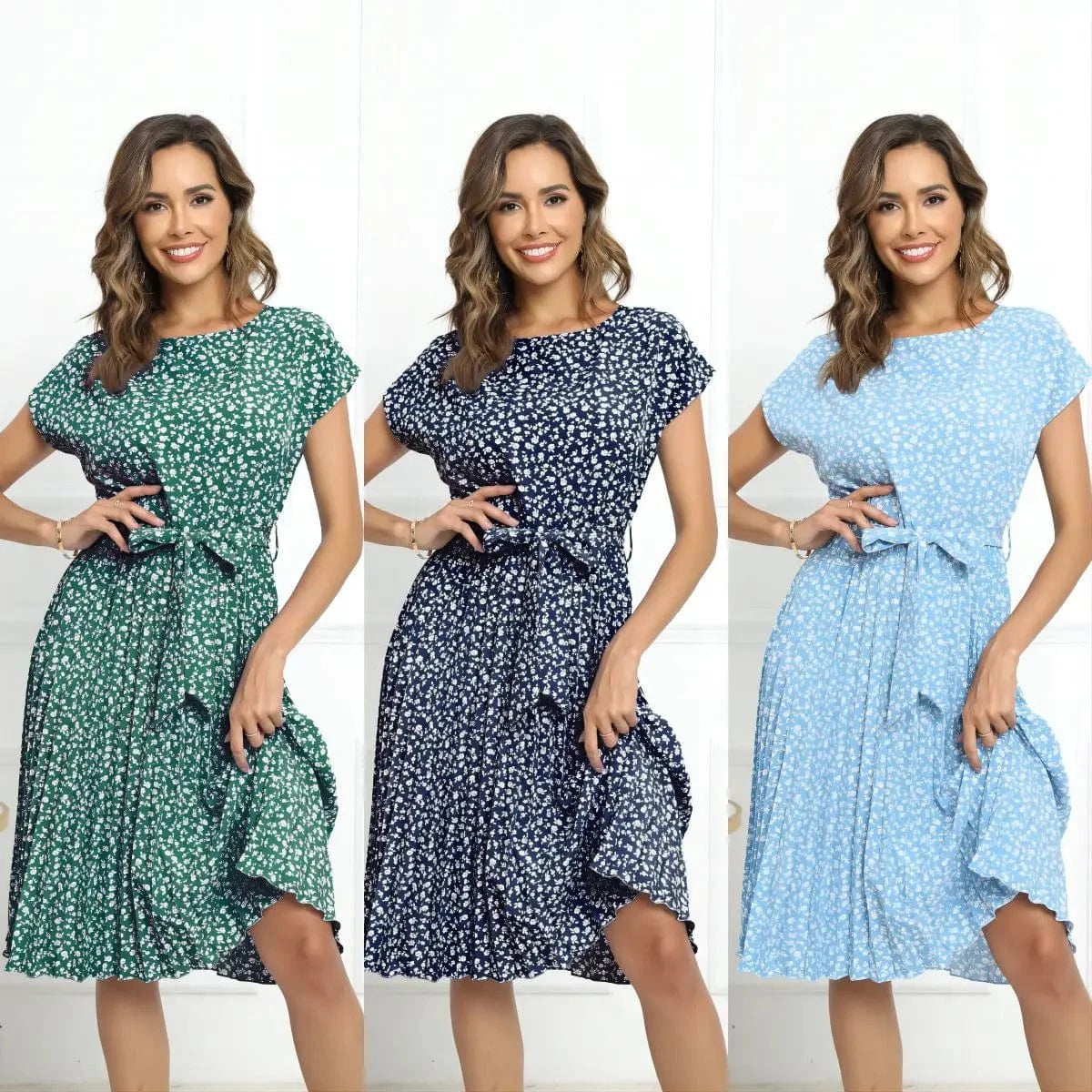 Summer New Casual Short Sleeved Round Neck Floral Lace-up Pleated Slim Dress Women's Printed Dress