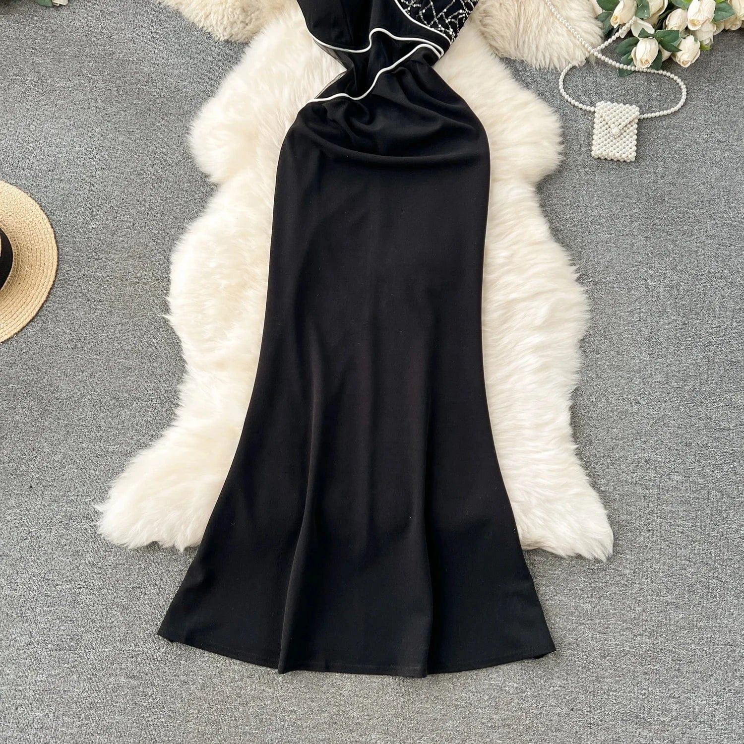 Summer New Elegant Dress Heavy Industry Beads Stitching Fashion Short Sleeve Dress Slimming Slit Sheath Sexy Dress