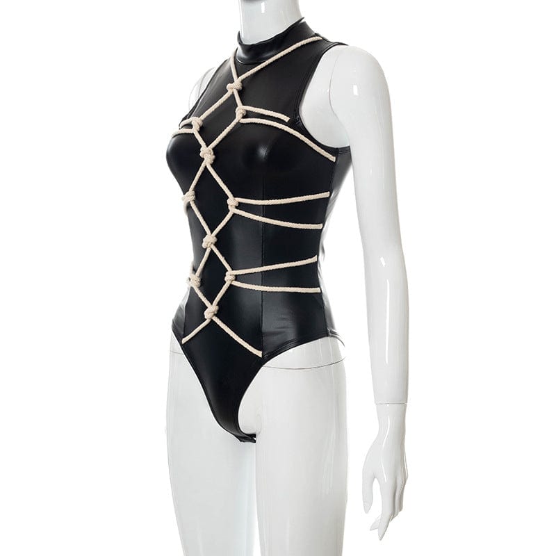 Summer New Fashion Women Bodycon Sleeveless Black PU Faux Leather Sexy Bodysuits For Women