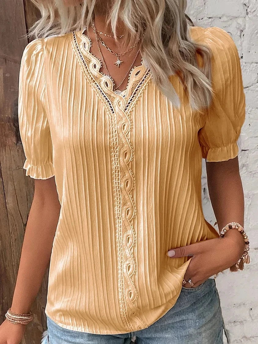 Summer New Holiday Fashion Hollow Short Sleeve V-neck  European and American Women's Shirt