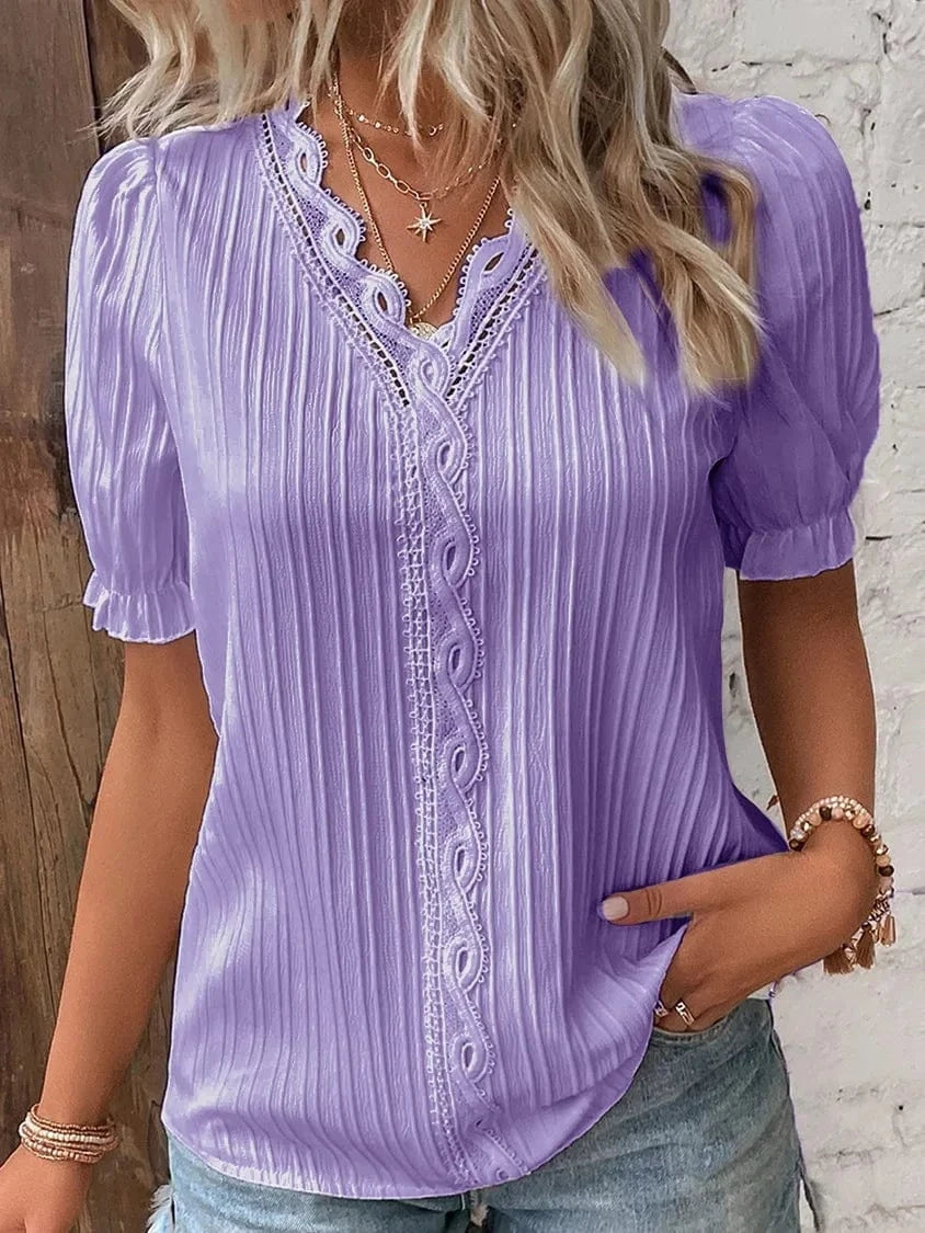 Summer New Holiday Fashion Hollow Short Sleeve V-neck  European and American Women's Shirt