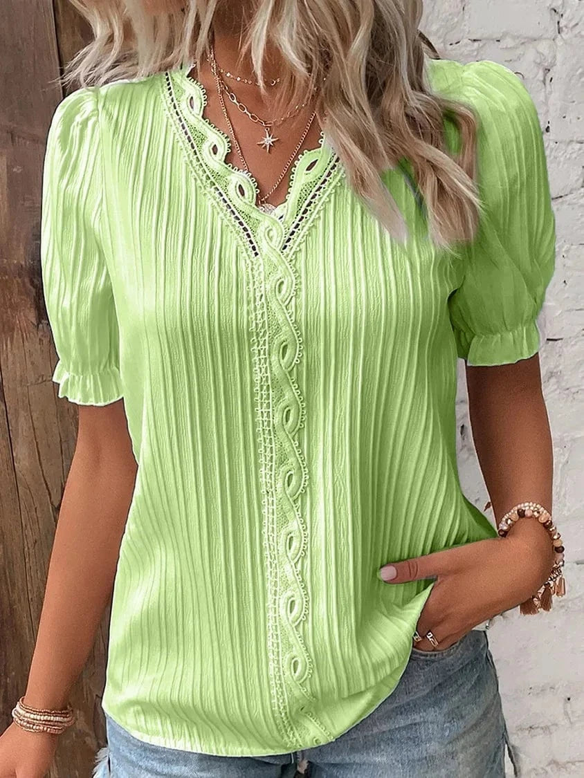 Summer New Holiday Fashion Hollow Short Sleeve V-neck  European and American Women's Shirt