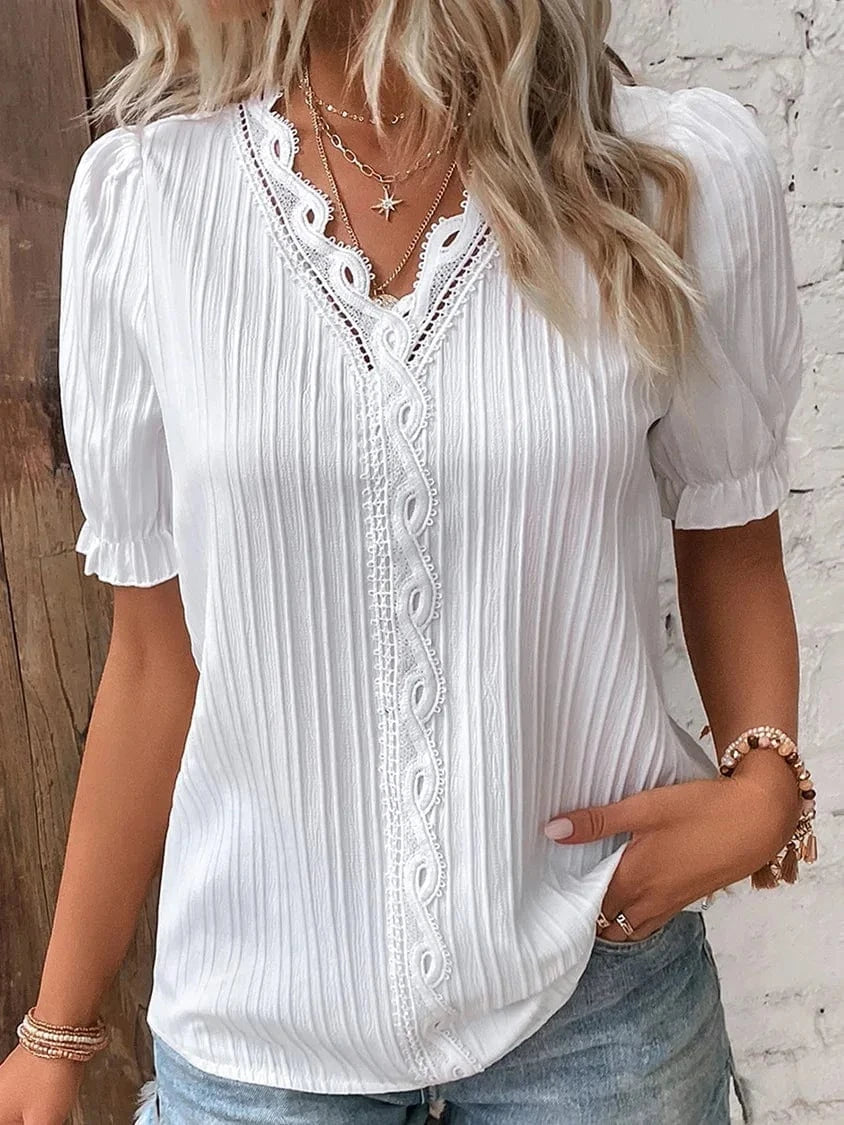 Summer New Holiday Fashion Hollow Short Sleeve V-neck  European and American Women's Shirt