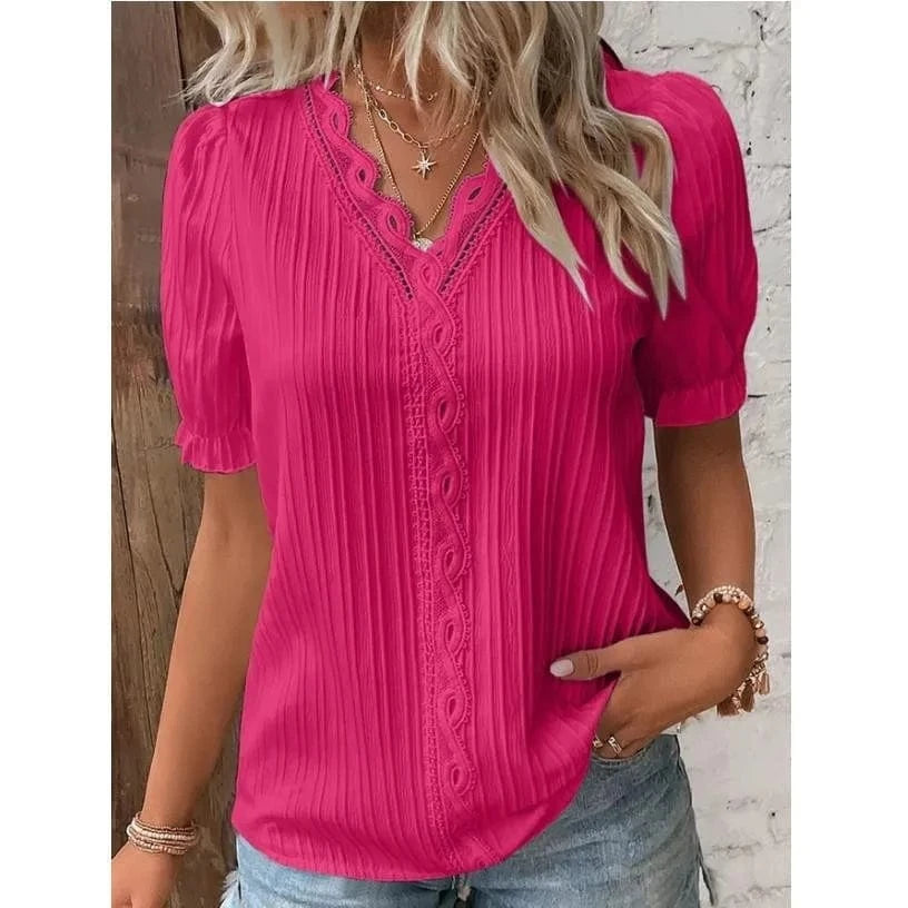 Summer New Holiday Fashion Hollow Short Sleeve V-neck  European and American Women's Shirt