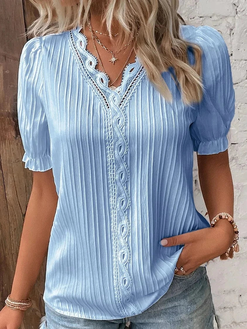 Summer New Holiday Fashion Hollow Short Sleeve V-neck  European and American Women's Shirt