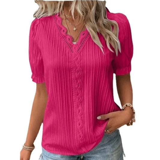 Summer New Holiday Fashion Hollow Short Sleeve V-neck  European and American Women's Shirt