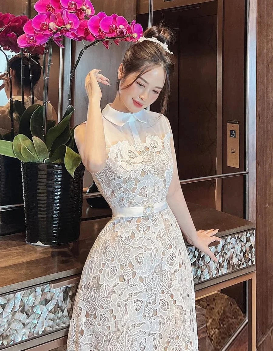 Summer New Lace Dress Women's Light Luxury Embroidery Fashion Waist Pulling Dress