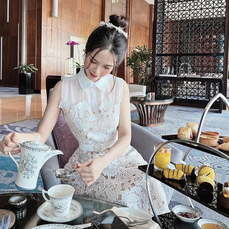 Summer New Lace Dress Women's Light Luxury Embroidery Fashion Waist Pulling Dress